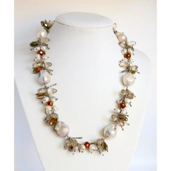 LUXURIOUS White Baroque Pearl Swarovski Crystal long short necklace - Picture 2 of 7